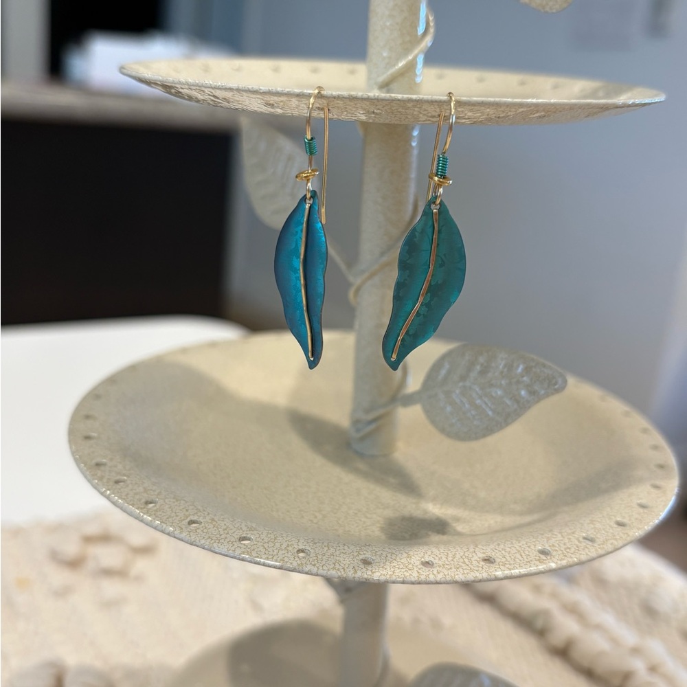 Teal Iridescent Leaf Drop Earrings
